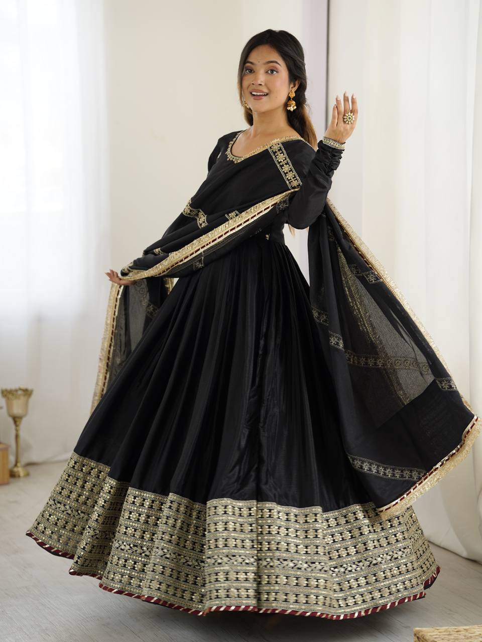 Prazu Fashion Black Chinon Silk Thread With Sequence Work Anarkali Suit