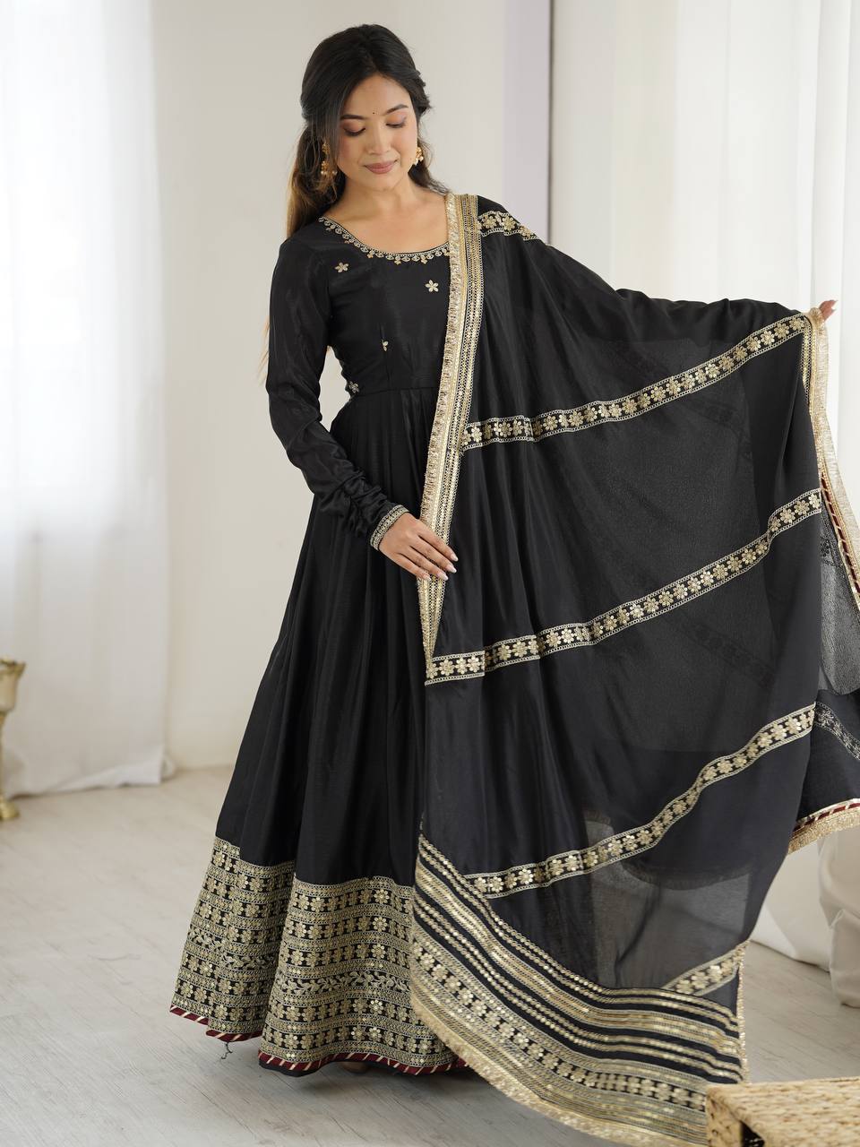 Prazu Fashion Black Chinon Silk Thread With Sequence Work Anarkali Suit