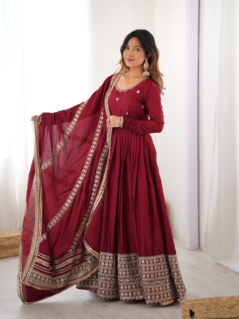 Prazu Fashion Maroon Chinon Silk Thread With Sequence Work Anarkali Suit