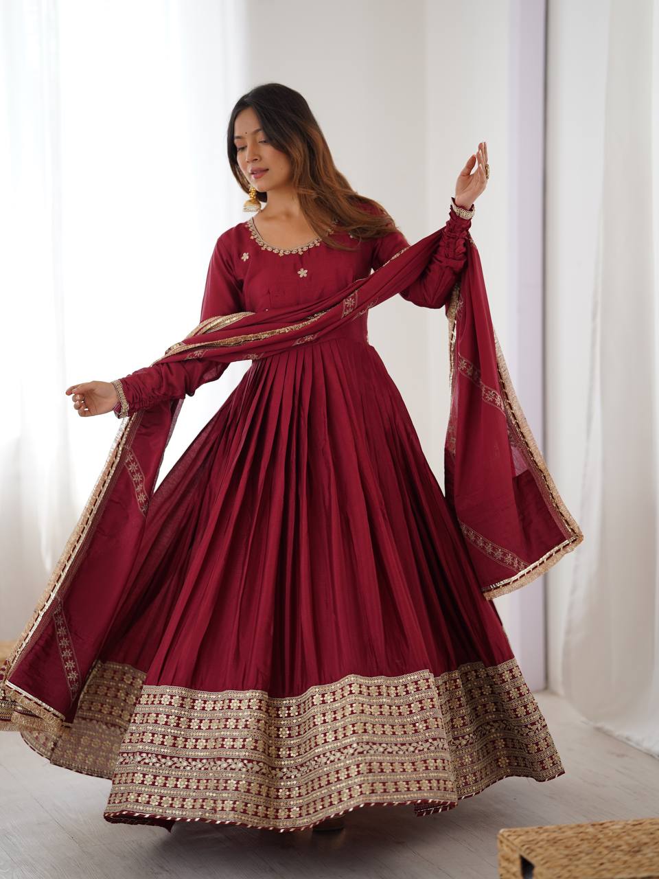 Prazu Fashion Maroon Chinon Silk Thread With Sequence Work Anarkali Suit
