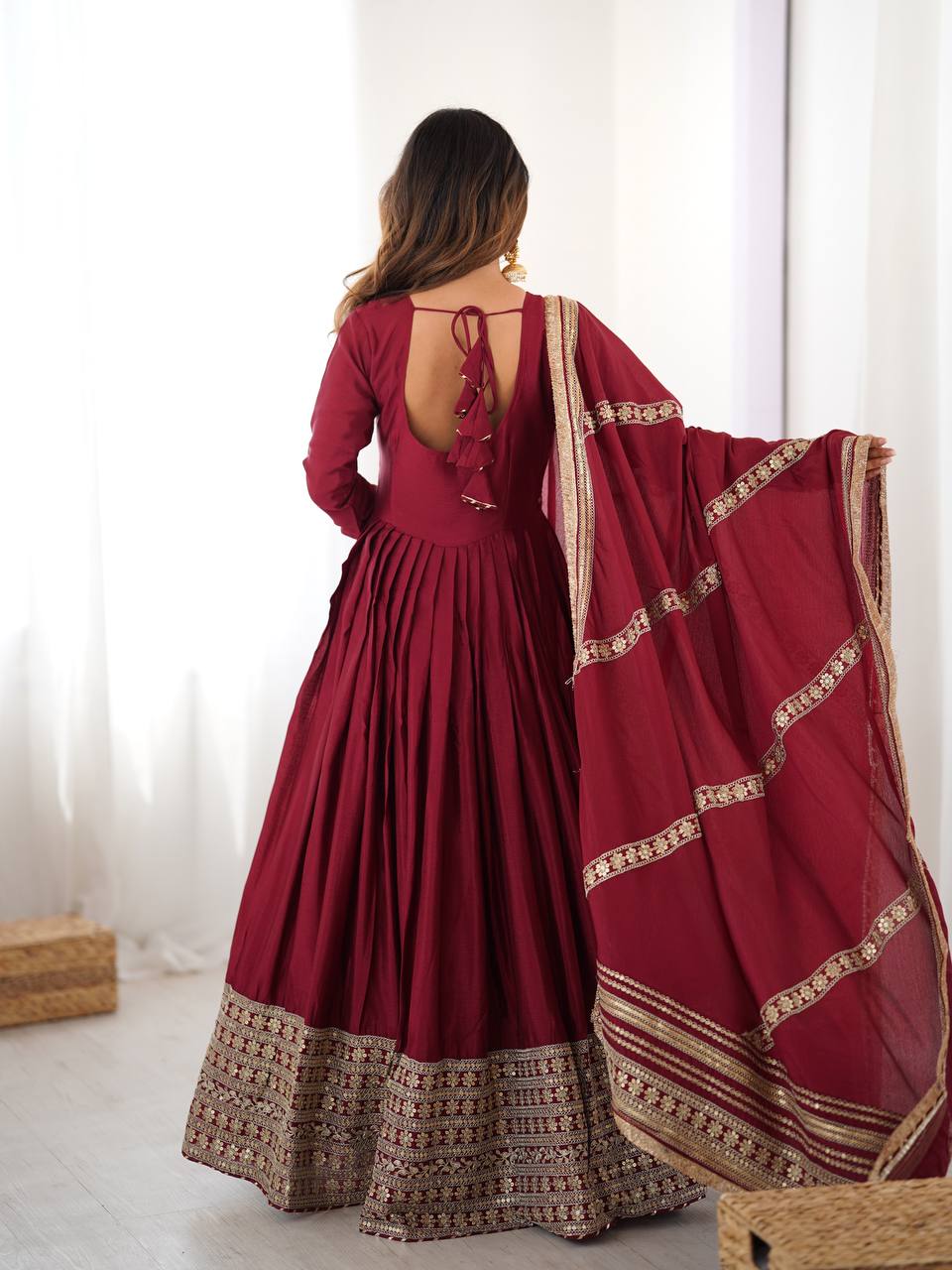 Prazu Fashion Maroon Chinon Silk Thread With Sequence Work Anarkali Suit