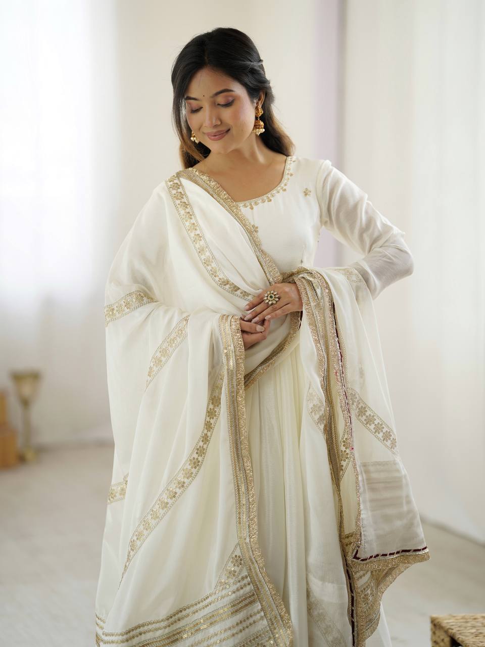Prazu Fashion White Chinon Silk Thread With Sequence Work Anarkali Suit