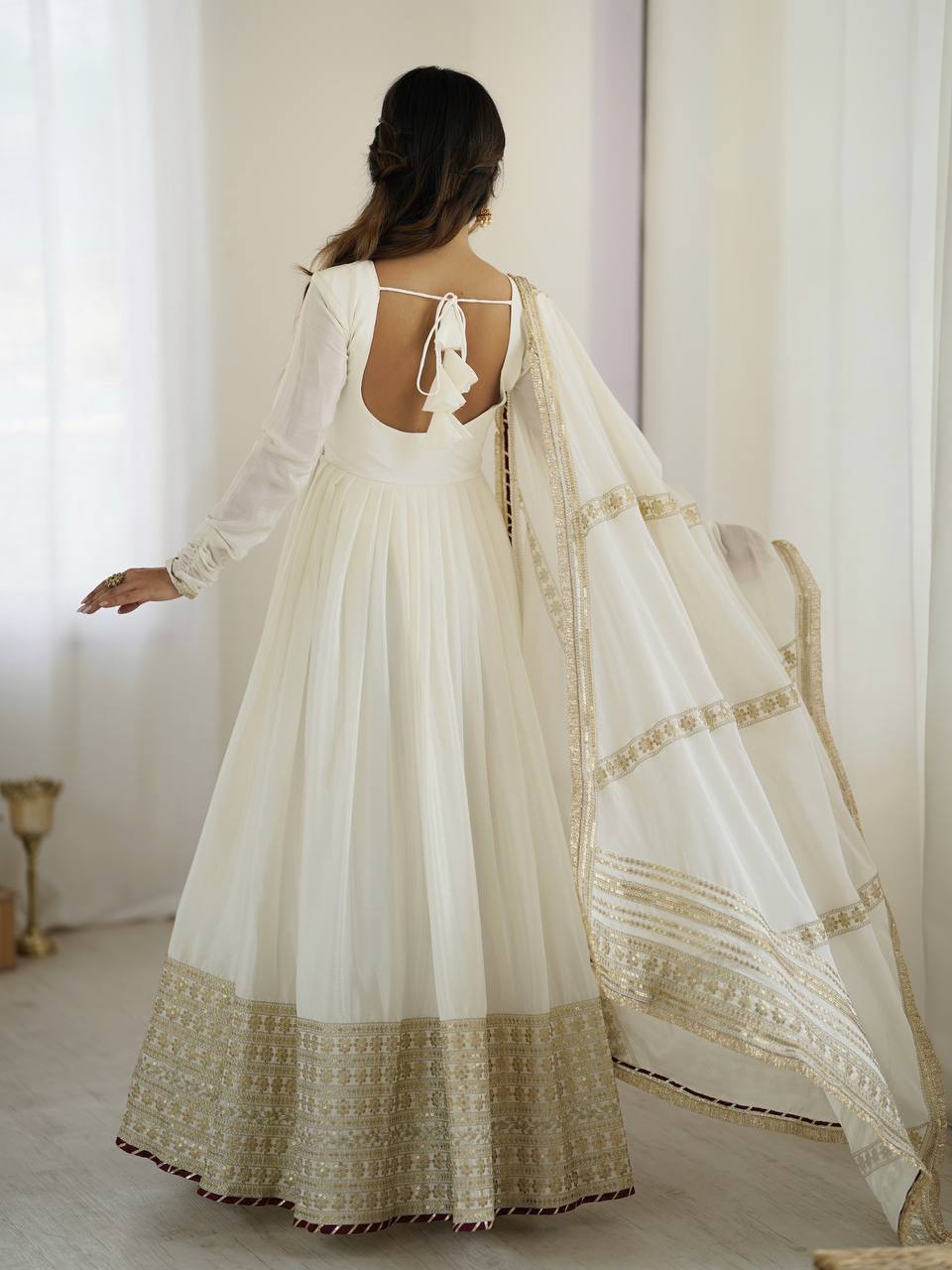 Prazu Fashion White Chinon Silk Thread With Sequence Work Anarkali Suit