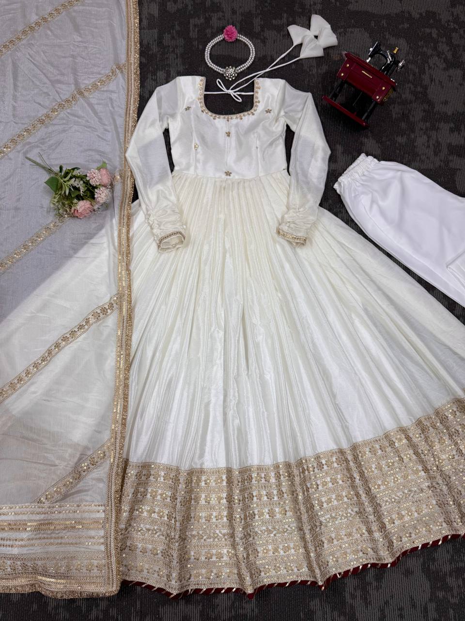 Prazu Fashion White Chinon Silk Thread With Sequence Work Anarkali Suit