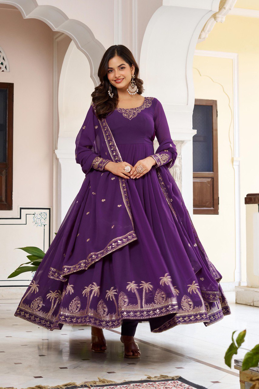 Prazu Fashion Violet Georgette Thread With Sequence Work Anarkali Suit