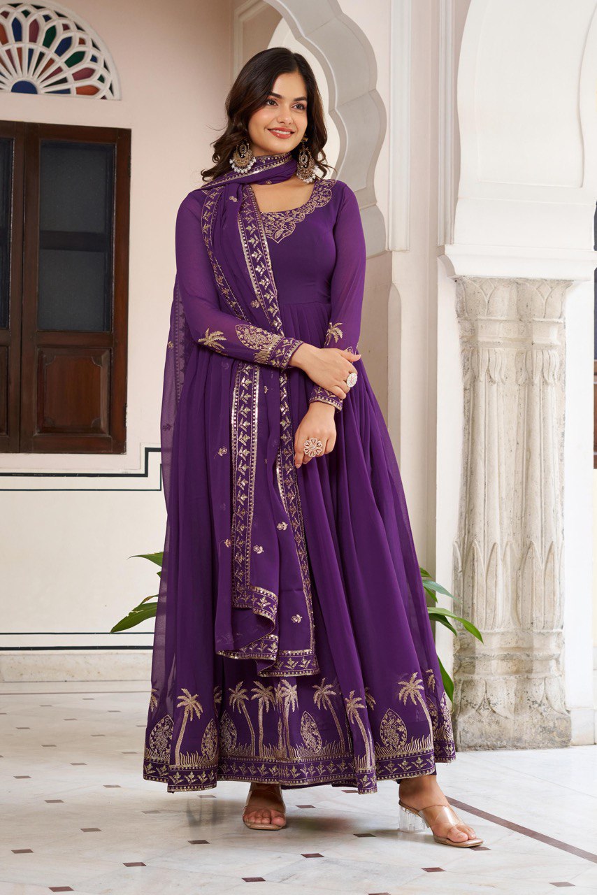 Prazu Fashion Violet Georgette Thread With Sequence Work Anarkali Suit