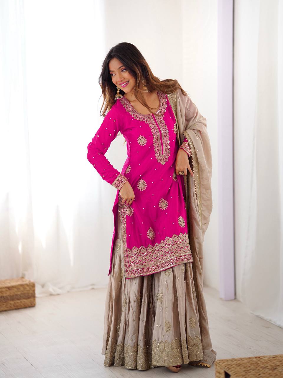 Prazu Fashion Pink Chinon Silk Sequence With Pearl Work Sharara Suit