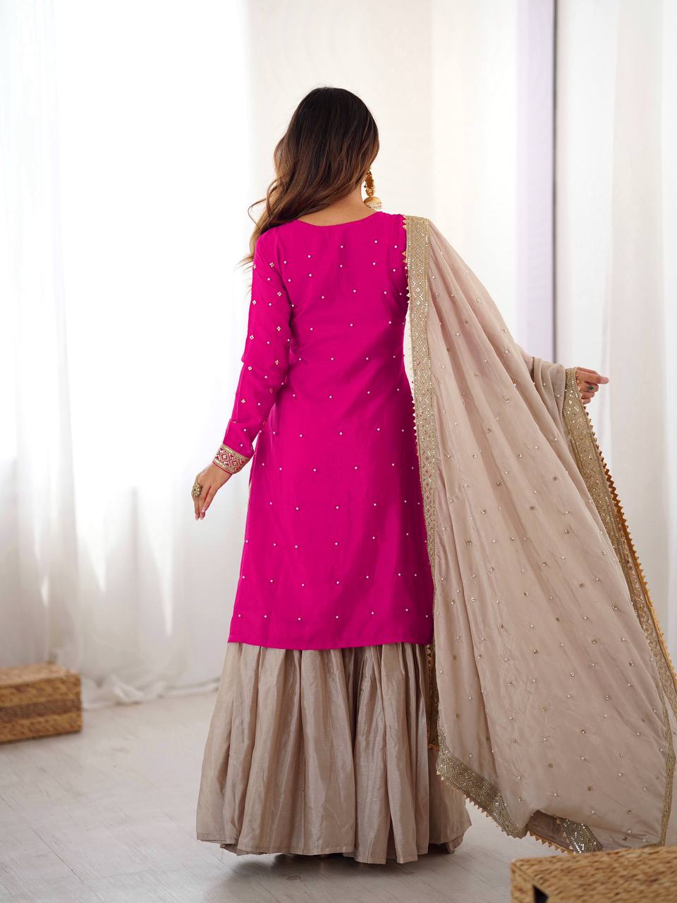 Prazu Fashion Pink Chinon Silk Sequence With Pearl Work Sharara Suit