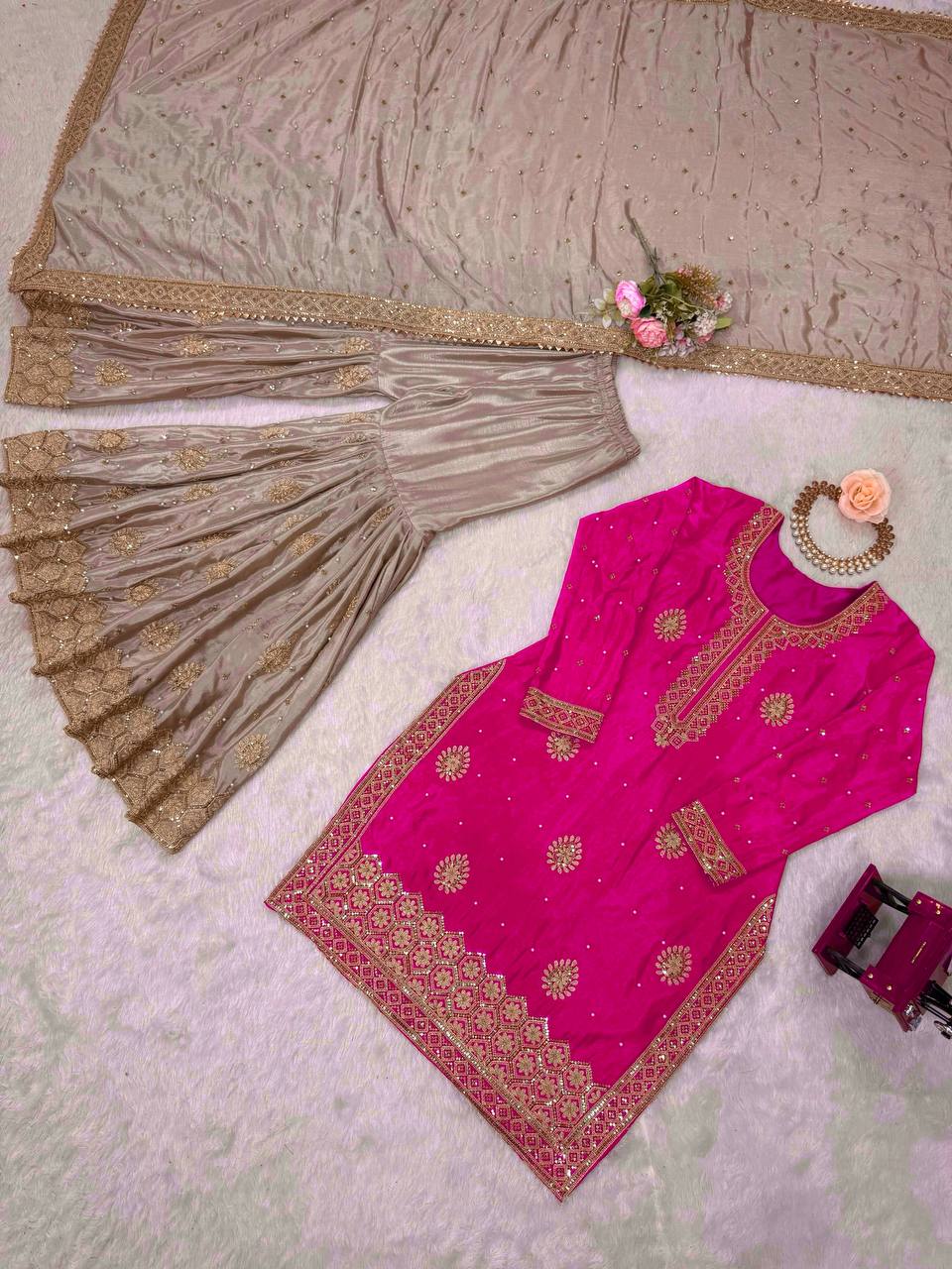 Prazu Fashion Pink Chinon Silk Sequence With Pearl Work Sharara Suit