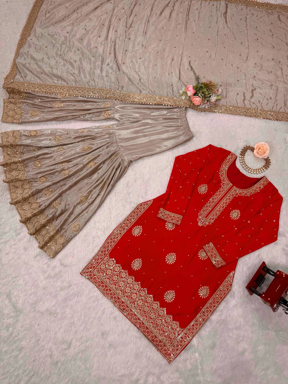 Prazu Fashion Red Chinon Silk Sequence With Pearl Work Sharara Suit