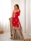 Prazu Fashion Red Chinon Silk Sequence With Pearl Work Sharara Suit