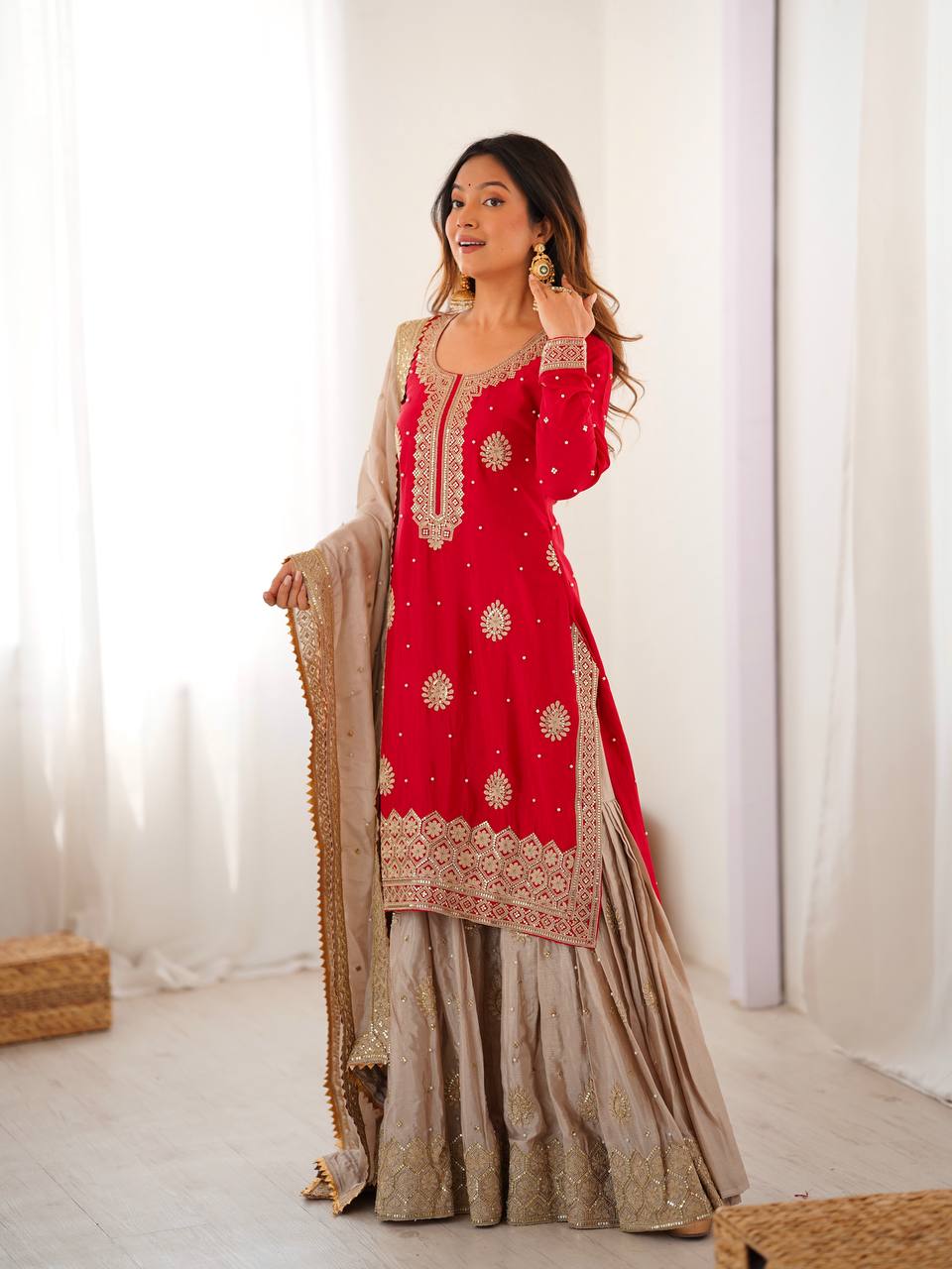 Prazu Fashion Red Chinon Silk Sequence With Pearl Work Sharara Suit