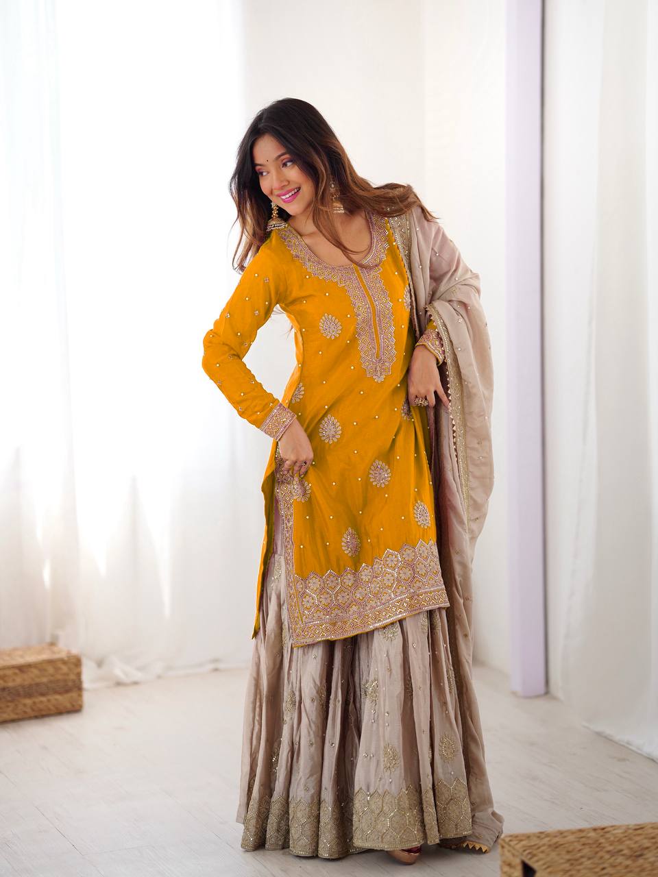 Prazu Fashion Yellow Chinon Silk Sequence With Pearl Work Sharara Suit