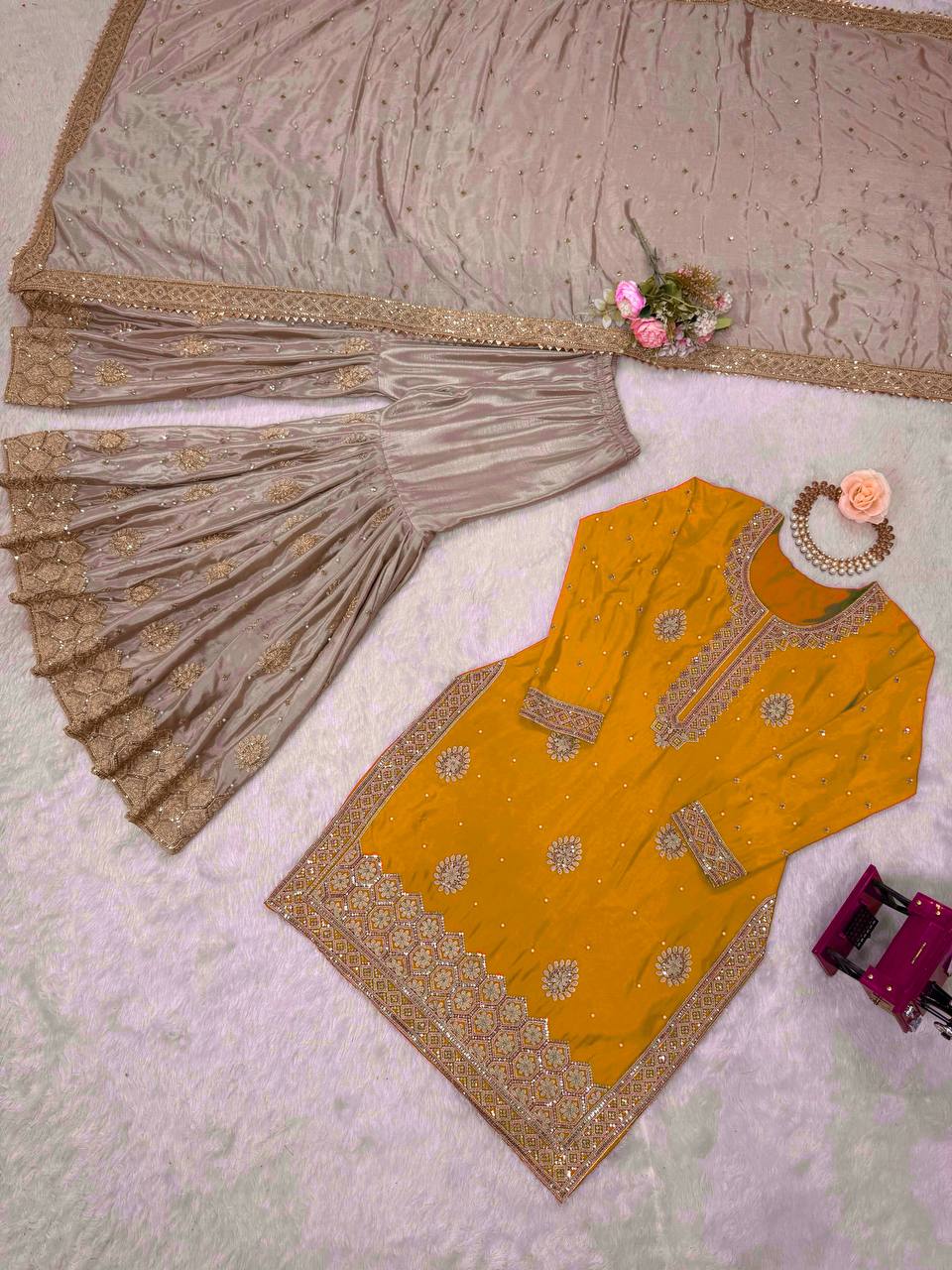 Prazu Fashion Yellow Chinon Silk Sequence With Pearl Work Sharara Suit