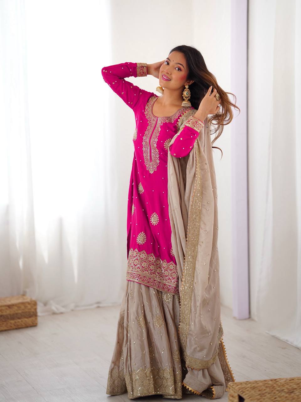 Prazu Fashion Pink Chinon Silk Sequence With Pearl Work Sharara Suit