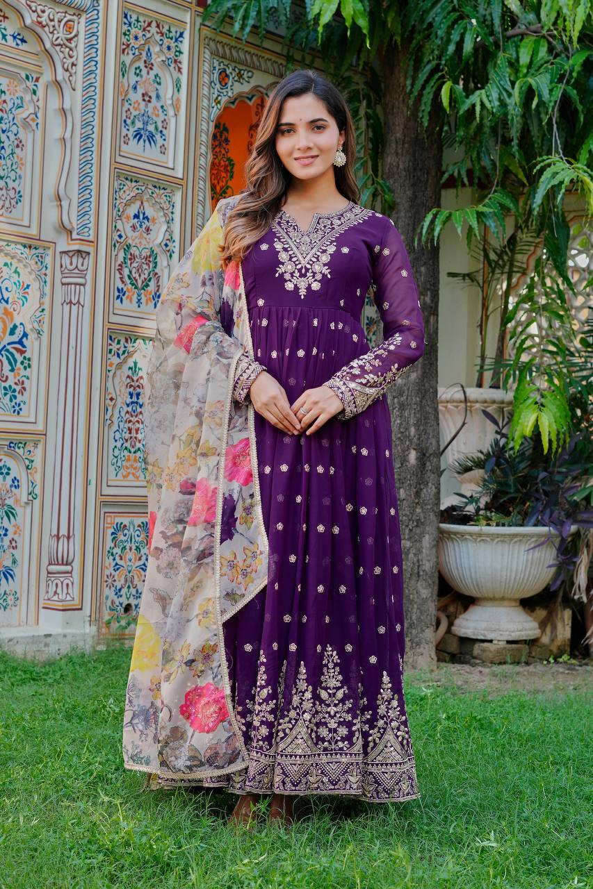 Prazu Fashion Violet Georgette Thread With Sequence Work Anarkali Suit