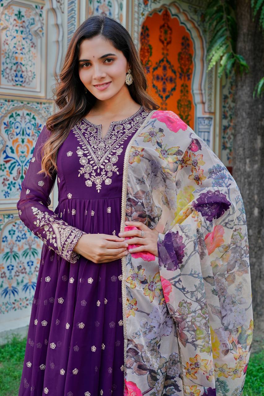 Prazu Fashion Violet Georgette Thread With Sequence Work Anarkali Suit