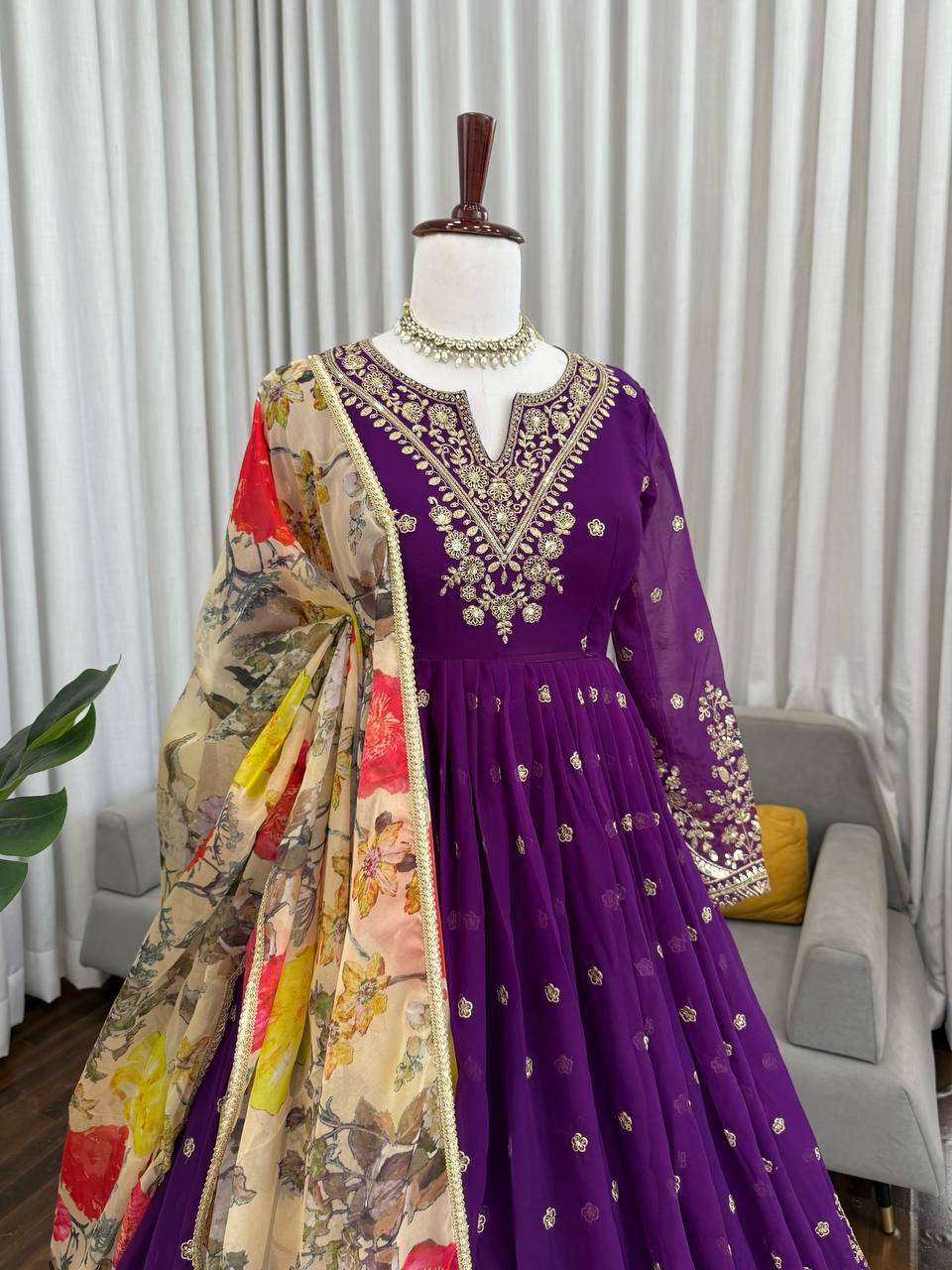 Prazu Fashion Violet Georgette Thread With Sequence Work Anarkali Suit