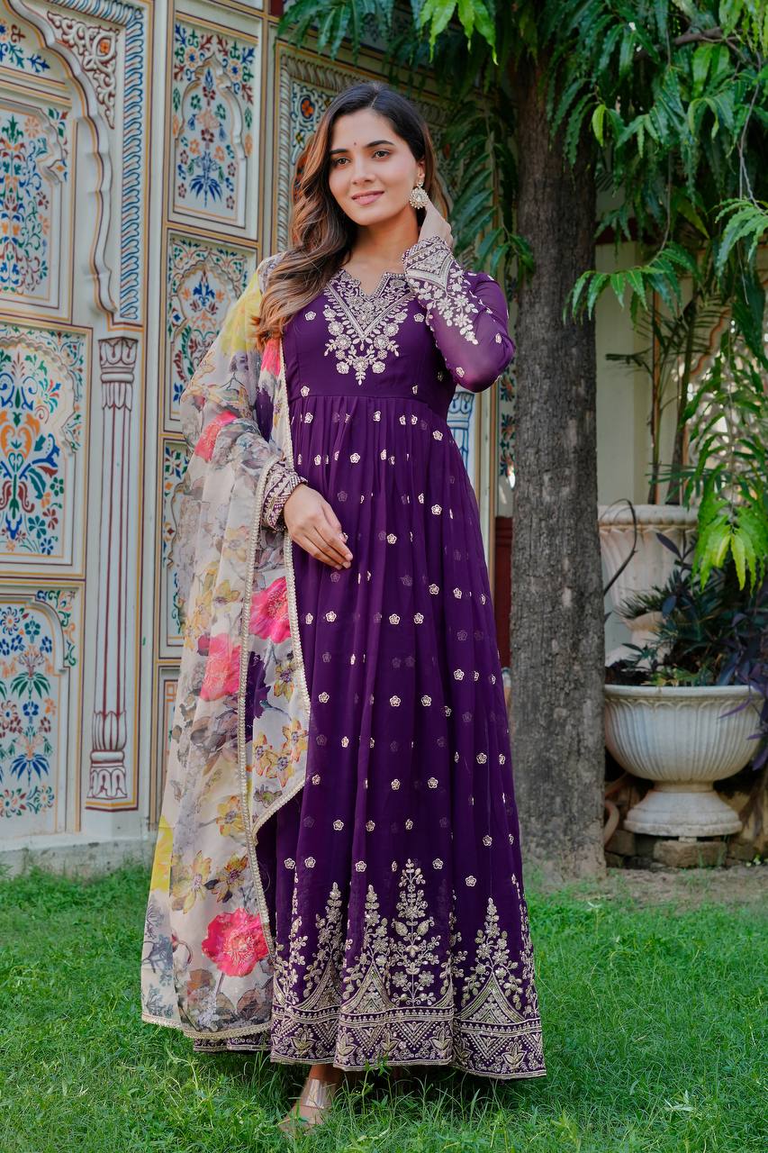Prazu Fashion Violet Georgette Thread With Sequence Work Anarkali Suit