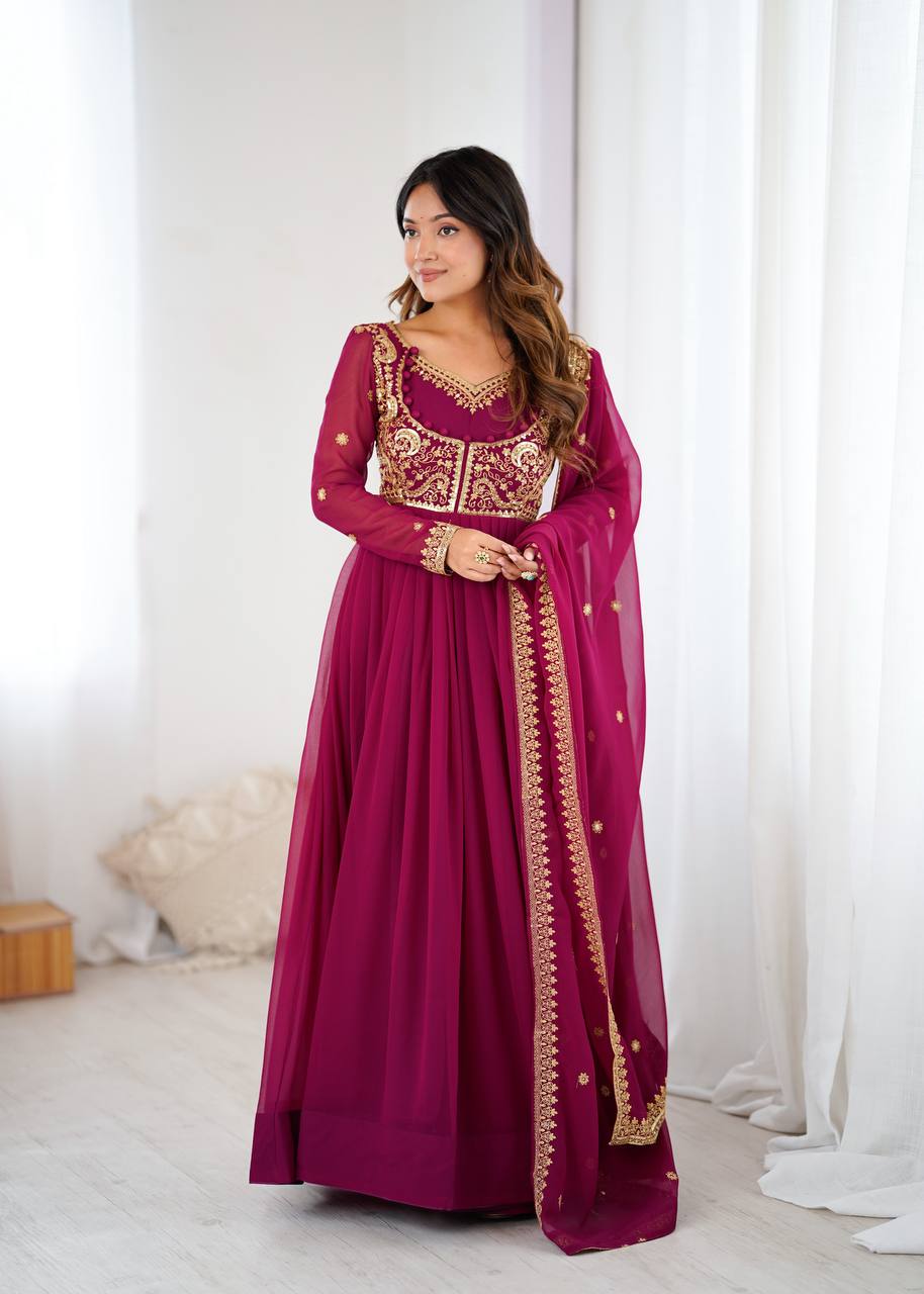 Purple Faux Georgette Anarkali suit with sequin embroidery and matching pants