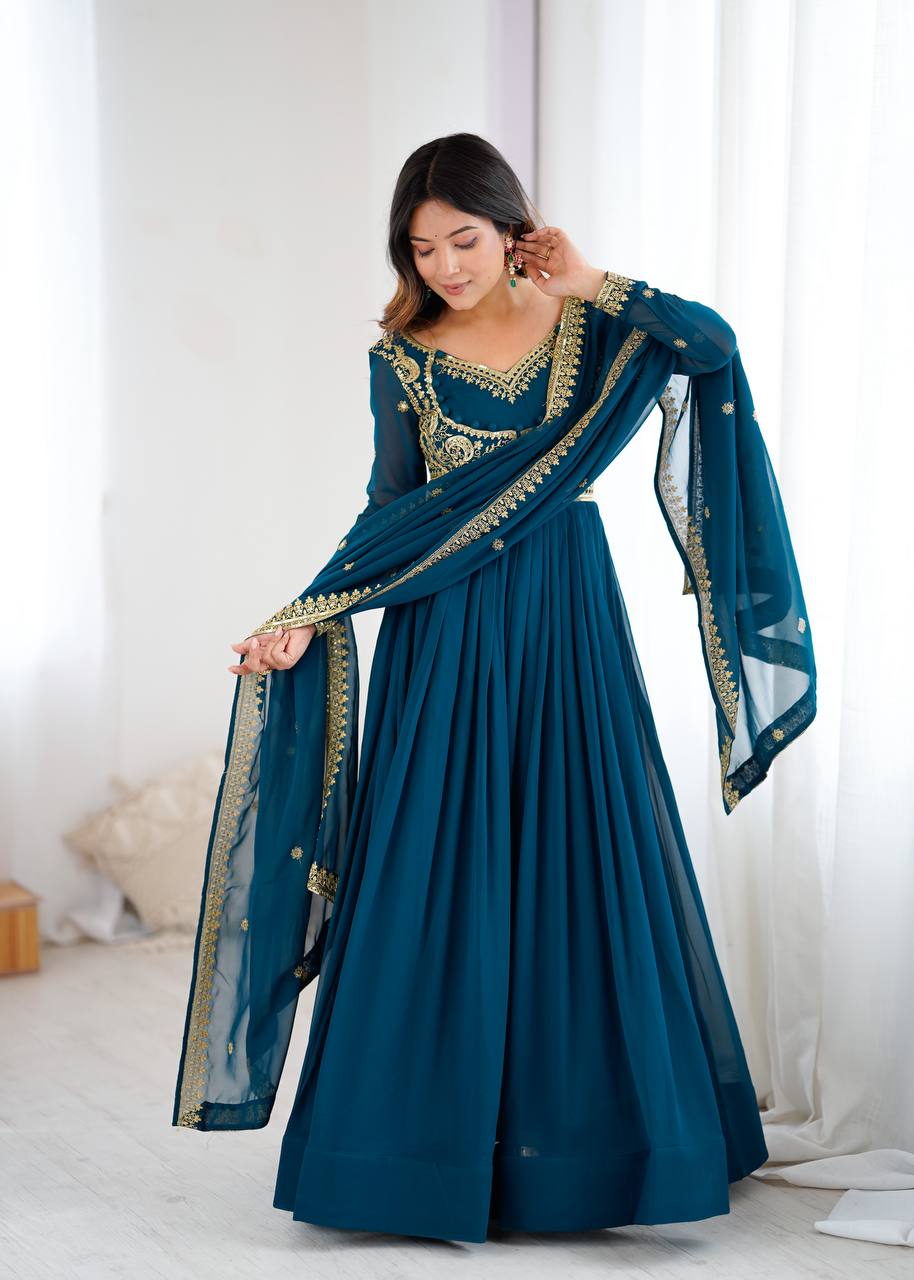 Royal Blue Faux Georgette Embroidered Sequin Anarkali Suit