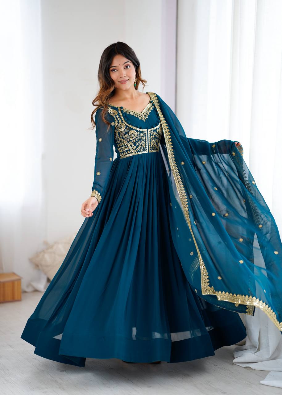 Royal Blue Faux Georgette Anarkali suit with sequin and thread embroidery