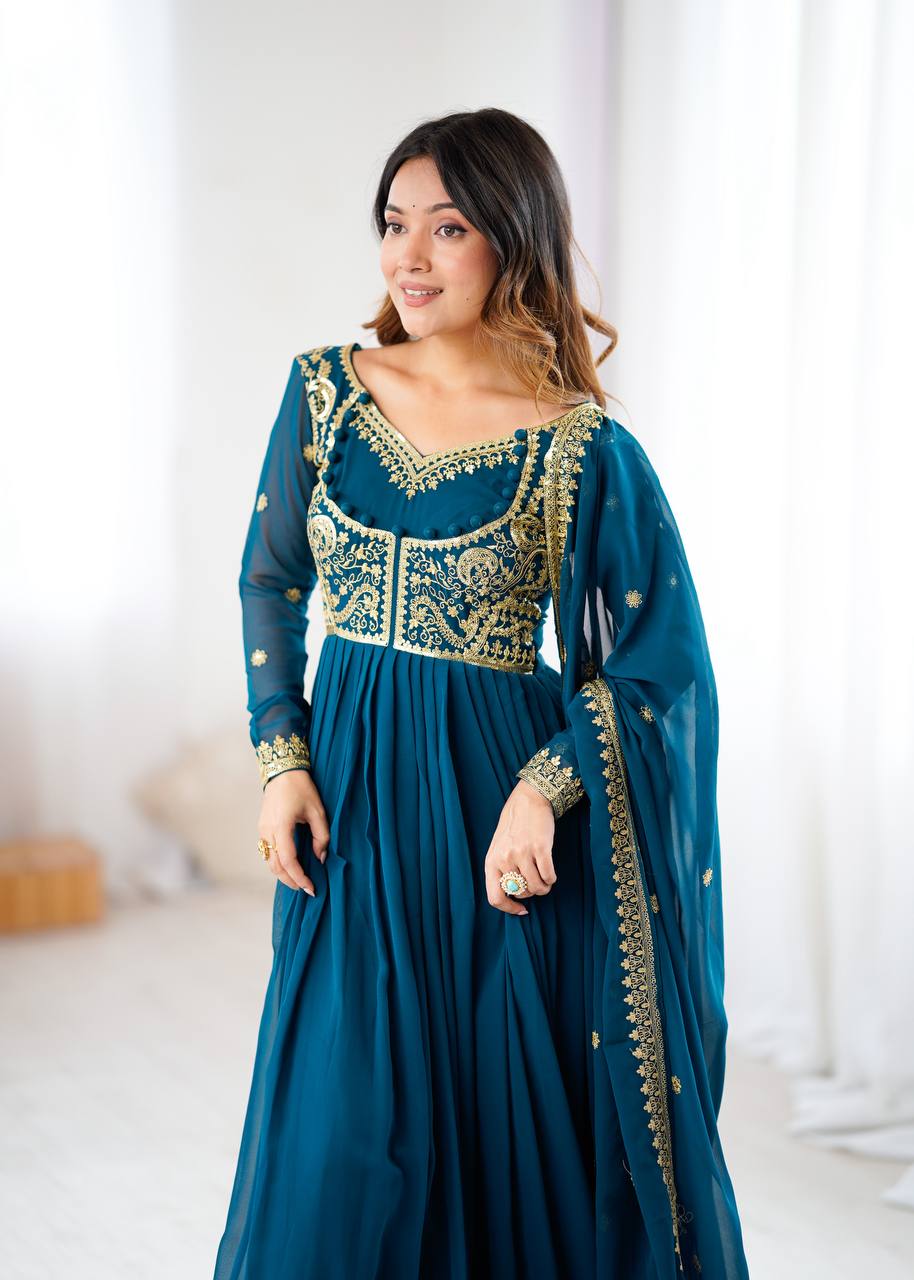 Royal Blue Faux Georgette Embroidered Sequin Anarkali Suit