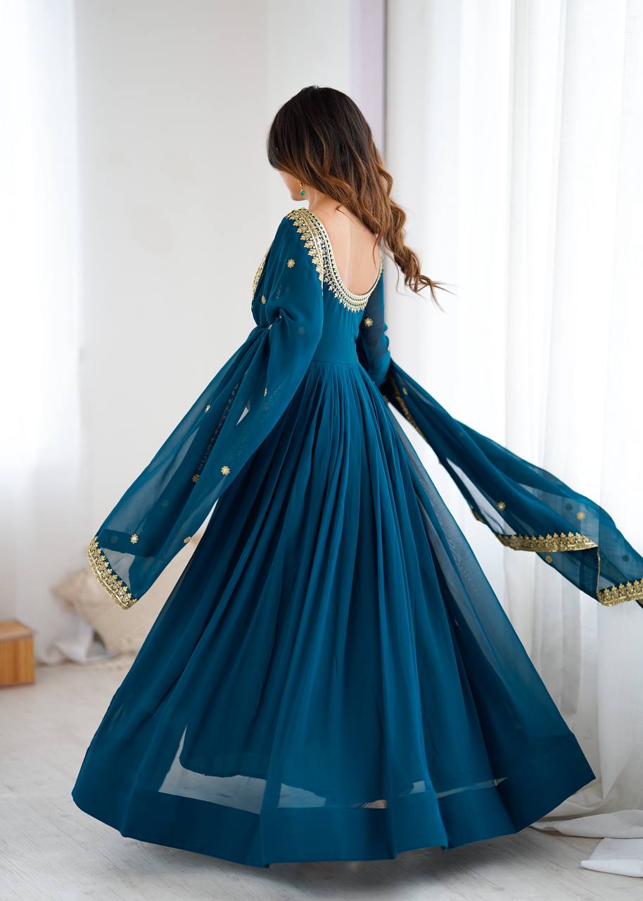 Royal Blue Faux Georgette Embroidered Sequin Anarkali Suit
