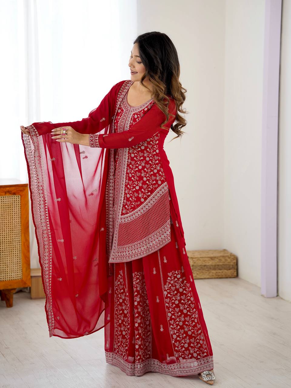 Prazu Fashion Red Faux Georgette Embroidered Thread Work Plazzo Suit