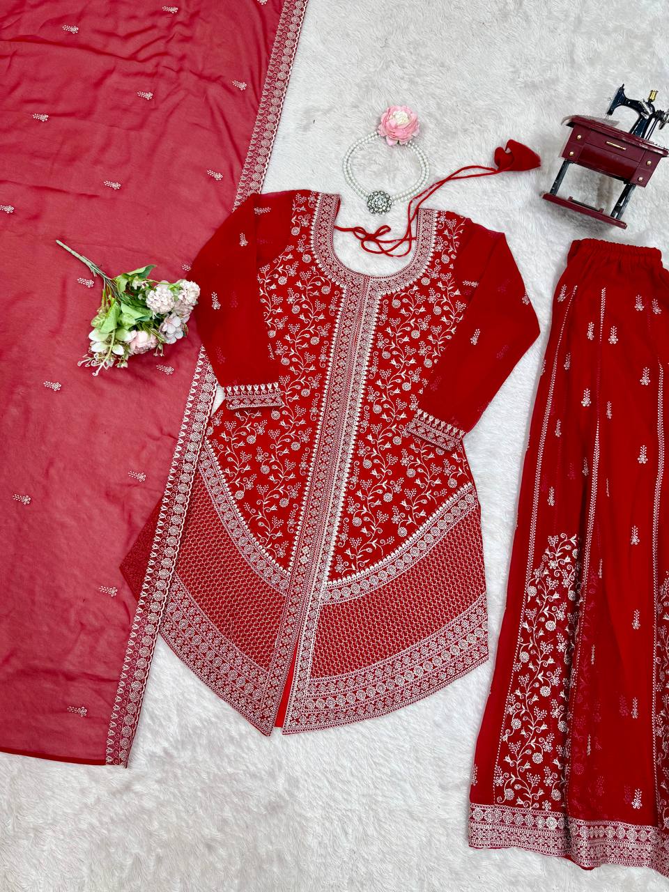 Prazu Fashion Red Faux Georgette Embroidered Thread Work Plazzo Suit