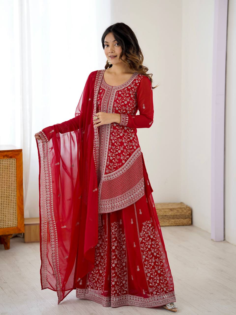 Prazu Fashion Red Faux Georgette Embroidered Thread Work Plazzo Suit
