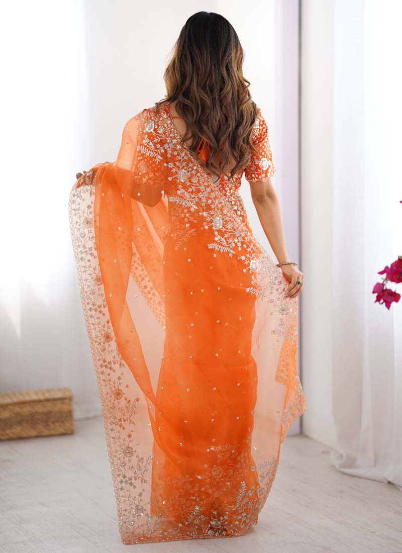 Orange Organza Silk Ready-To-Wear Saree with Sequence Embroidery