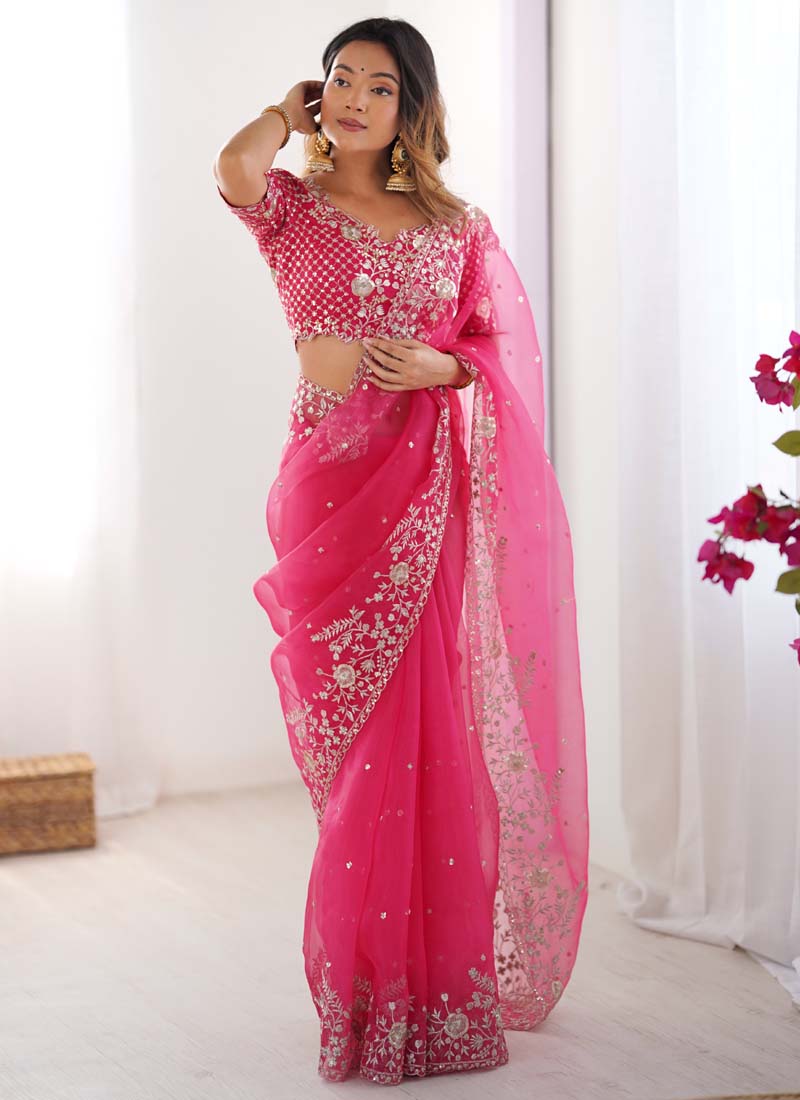 Pink Organza Silk Saree with Thread and Sequin Party Wear