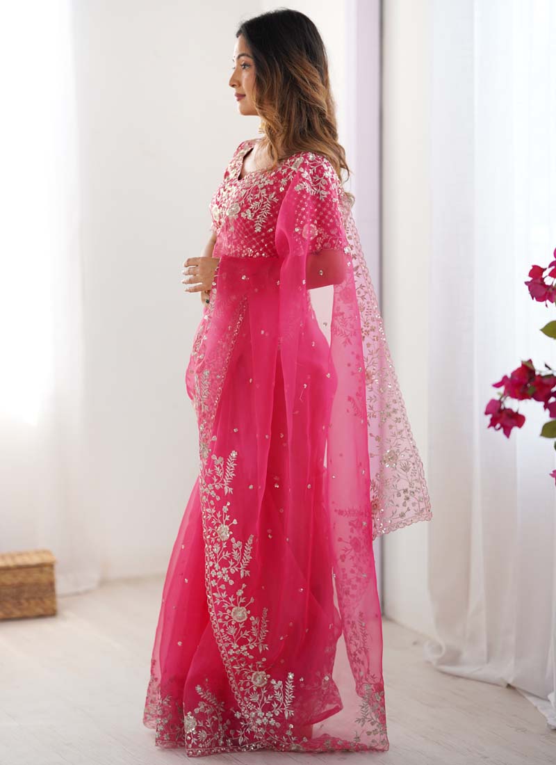 Pink Organza Silk Saree with Thread and Sequin Party Wear