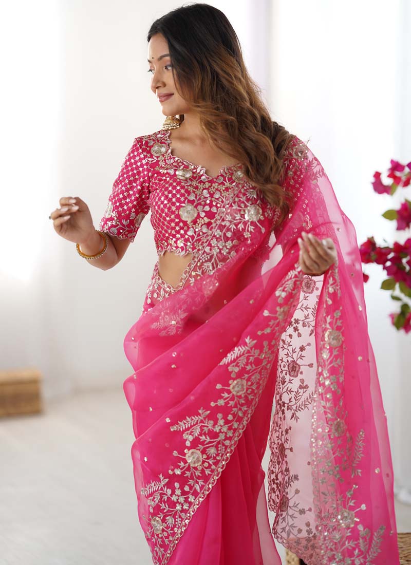 Pink Organza Silk Saree with Thread and Sequin Party Wear