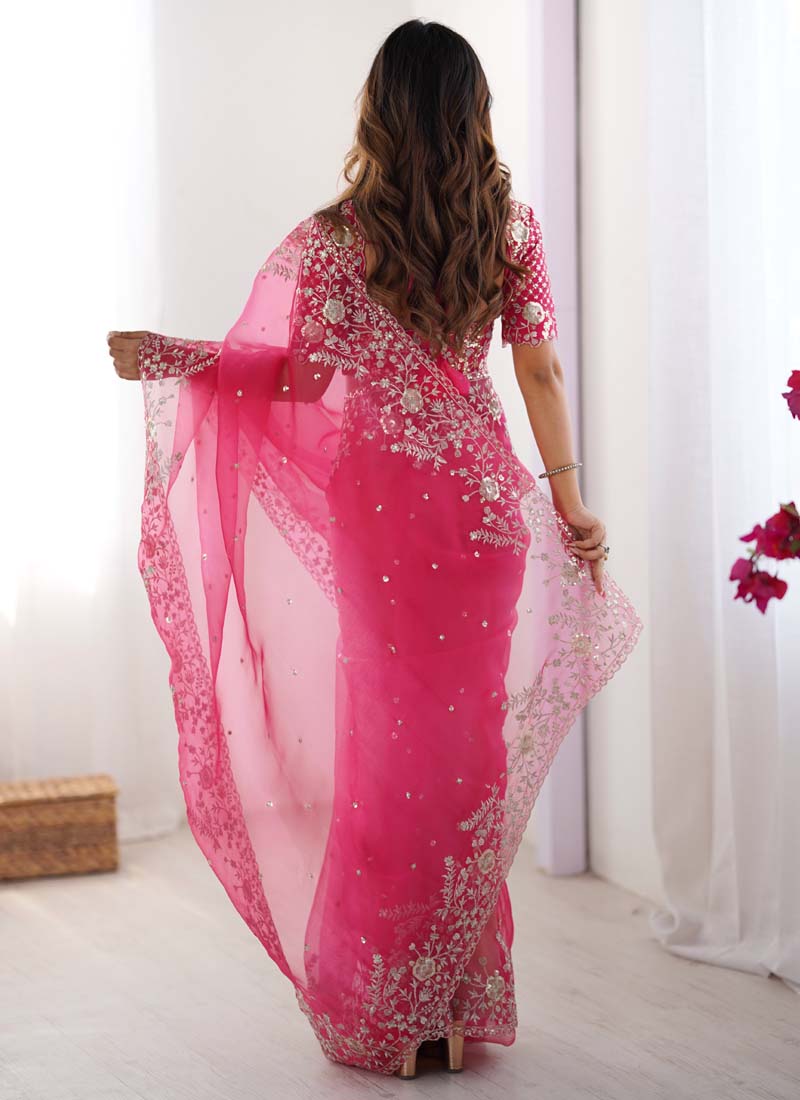Pink Organza Silk Saree with Thread and Sequin Party Wear