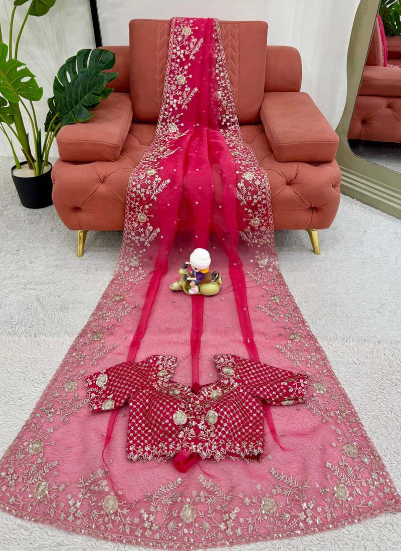 Pink Organza Silk Saree with Thread and Sequin Party Wear