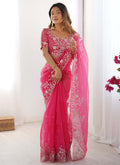 Pink thread and sequin embroidered organza silk designer saree