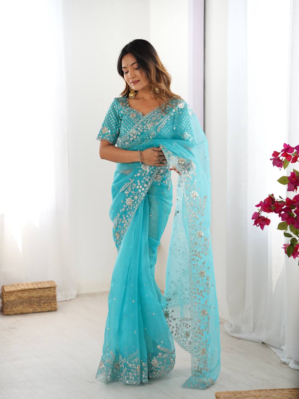 Sky Blue Organza Silk Ready-To-Wear Saree with Sequence Work