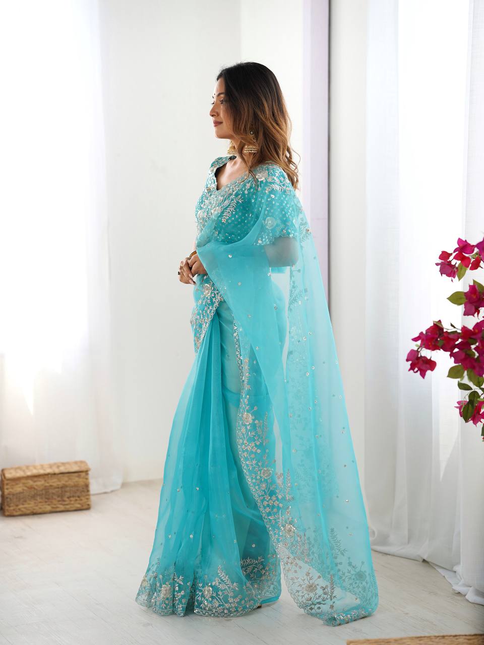 Sky Blue Organza Silk Ready-To-Wear Saree with Sequence Work