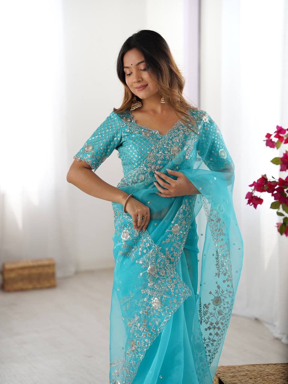 Sky Blue Organza Silk Ready-To-Wear Saree with Sequence Work