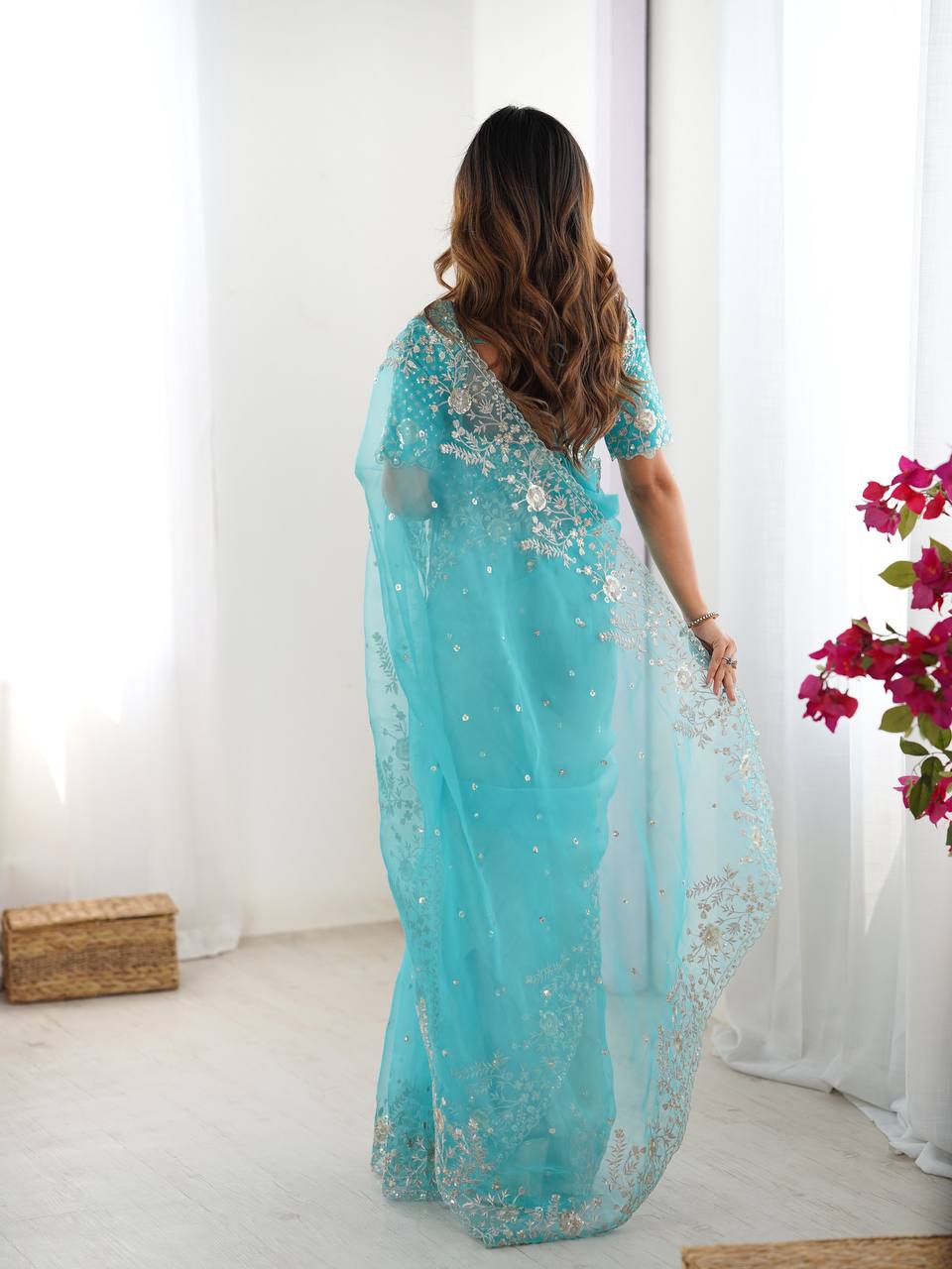 Sky Blue Organza Silk Ready-To-Wear Saree with Sequence Work