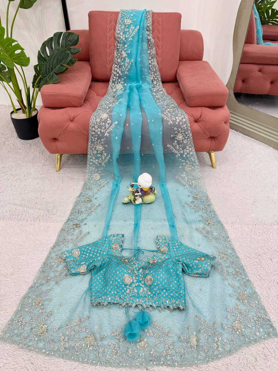 Sky Blue Organza Silk Ready-To-Wear Saree with Sequence Work