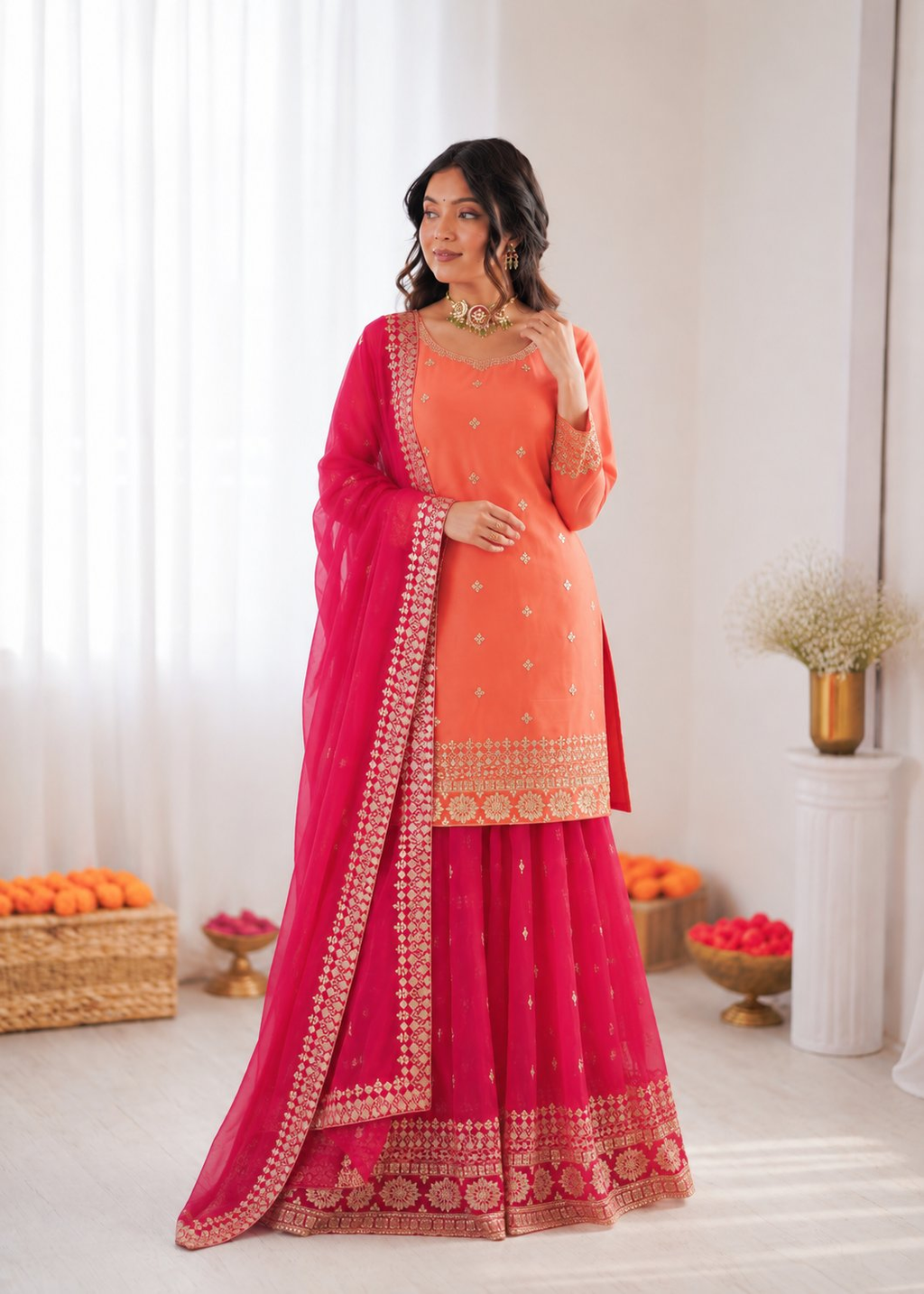 Peach Georgette Thread Embroidered Designer Palazzo Suit