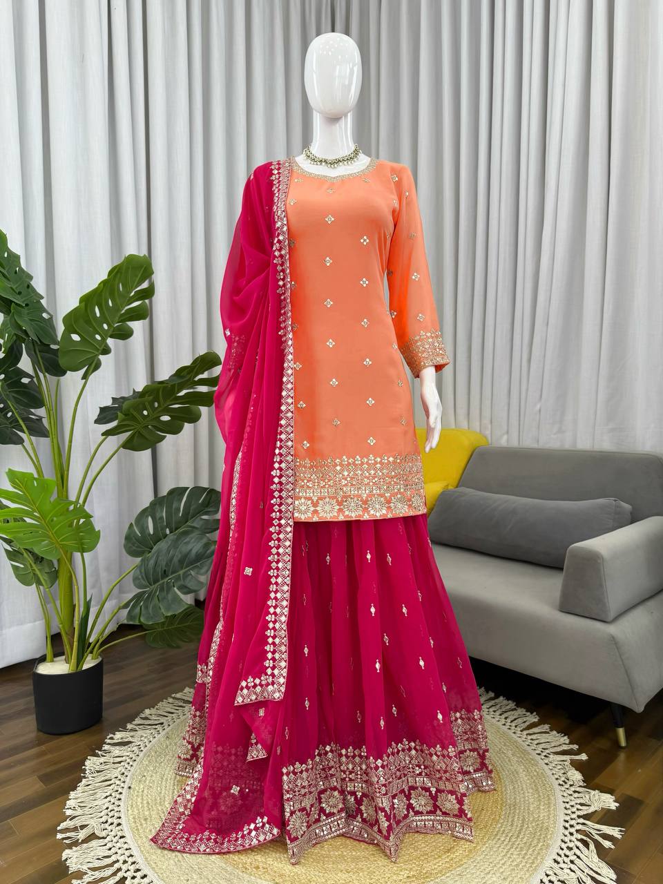 Peach Georgette Thread Embroidered Designer Palazzo Suit