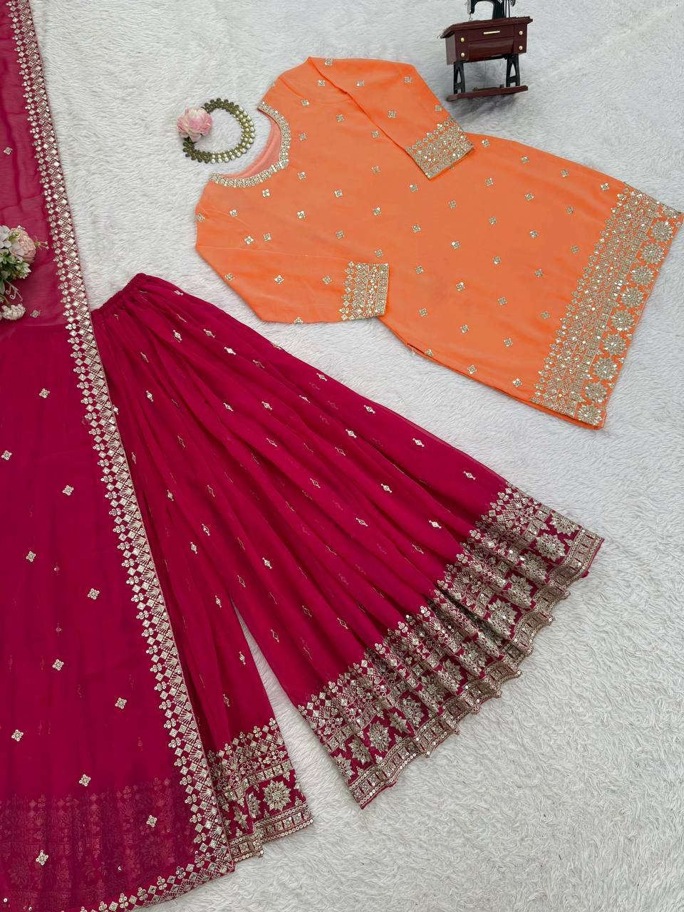 Peach Georgette Thread Embroidered Designer Palazzo Suit