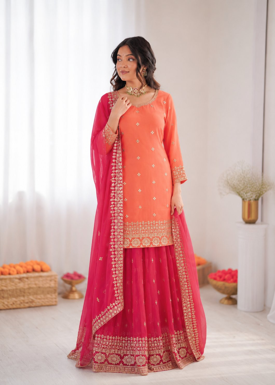 Peach Georgette palazzo suit with detailed thread embroidery