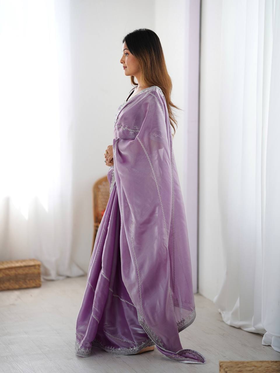 Lavender Organza Silk Party Wear Saree with Thread Sequence Work