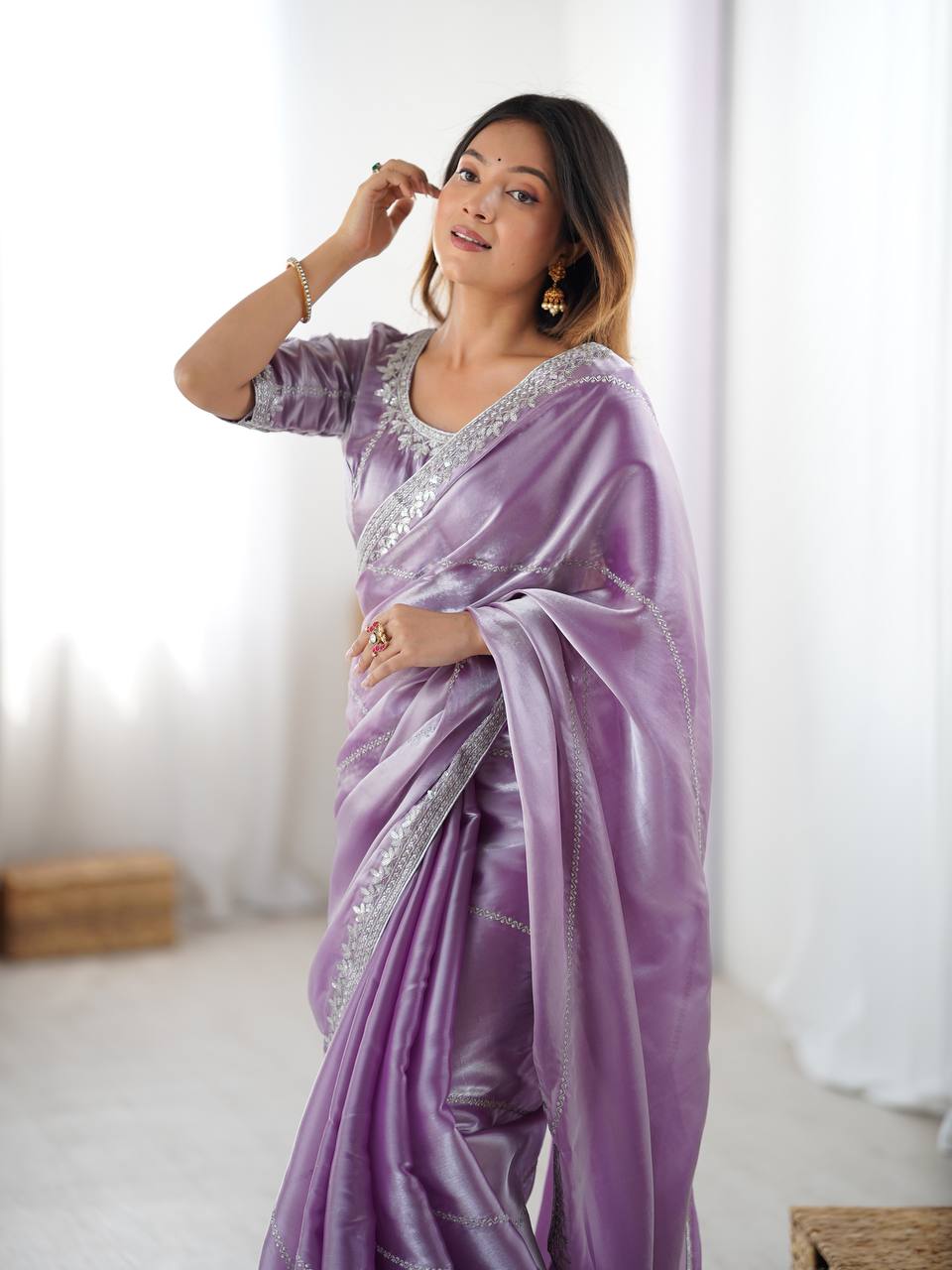 Lavender Organza Silk Party Wear Saree with Thread Sequence Work