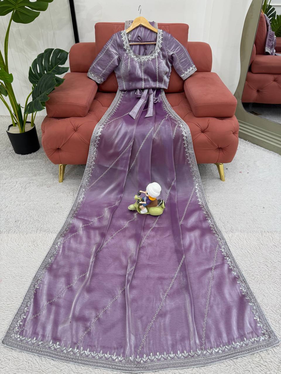 Lavender Organza Silk Party Wear Saree with Thread Sequence Work